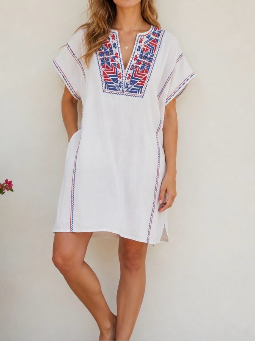 XiRENA White Tunic with Red & Blue Embroidery B3